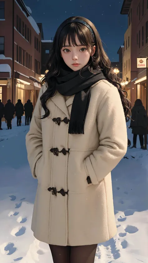 (masterpiece:1.4), (best quality:1.4), (absurdres:1.4), (intricate details:1.2), (extremely detailed:1.2), (character on center), (looking at viewer),
(cinematic), cowboy shot, outdoors, bangs, pantyhose, (curious face), (very long hair), (natural wavy),
winter, snow, (night), coat,
knit with pencil skirt, hair band, scarf, city,