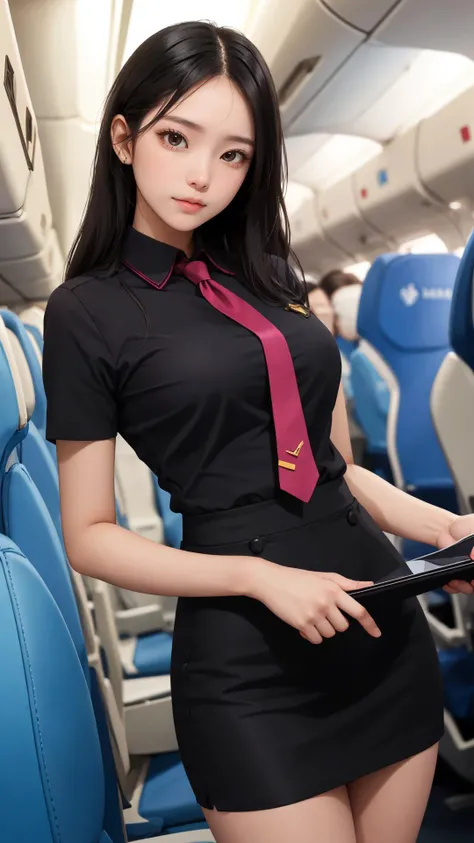 flight attendants, lady, tight skirt, bare legs, black hair, dark eyes,
(masterpiece), (best quality), looking at viewer, bright skin, (shiny skin:1.2),
peaceful face,
upper body,
(natural wavy:0.8),
,
wine skirt,