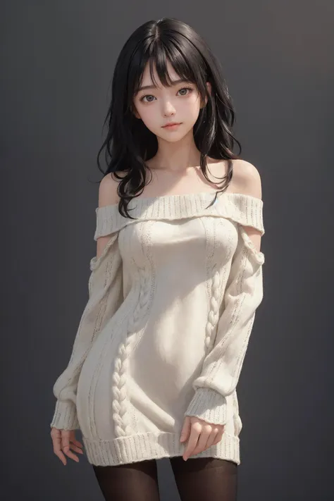 (masterpiece:1.2),(best quality:1.2),(looking at viewer), 
1girl, (happy face:0.9), (cinematic), (depth of field), 
natural wavy, side bang, medium hair, fringe, black hair, black eyes, 
(knitted_dress), off shoulder, (pantyhose),
(cowboy shot), standing,
(simple background:1.2),