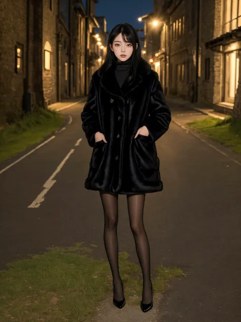 (masterpiece:1.4), (best quality:1.4), (absurdres), (detailed background), (looking at viewer), full body, (fur coat), outdoors, countryside, (muffler:1.2), pantyhose,
night, black hair, sleek, (alive skin),