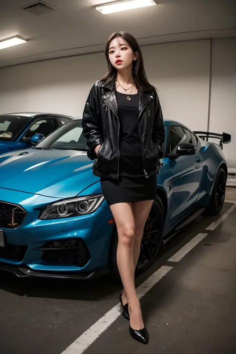 best quality, high quality, 8k, beautiful lighting, dynamic shadow, professional photography, cinematic shot, girl, coach jacket, necklace, resting, sports cars, from below