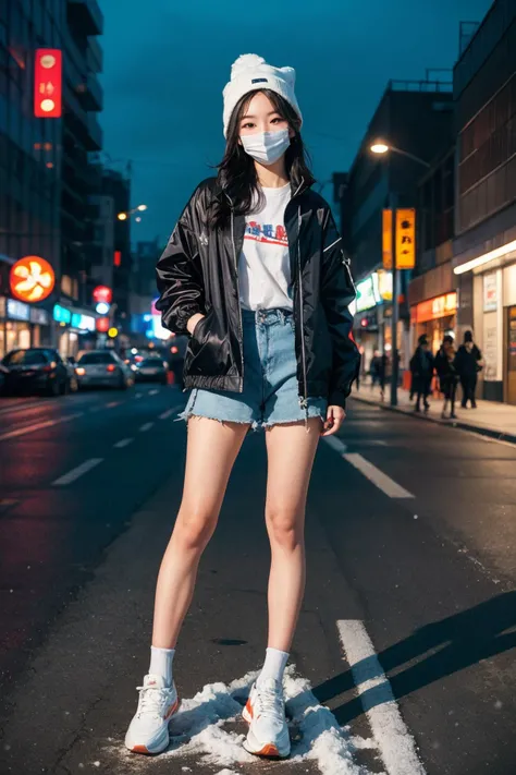 best quality, high quality, 8k, beautiful lighting, dynamic shadow, aesthetic photo, 50mm lens, girl, windbreaker jacket, beanie, (black face mask:1.05), sneakers, silver hair, snowing, nighttime, rule of thirds, perfect composition, upper body, posing, smirk, shenzhen, sidewalk