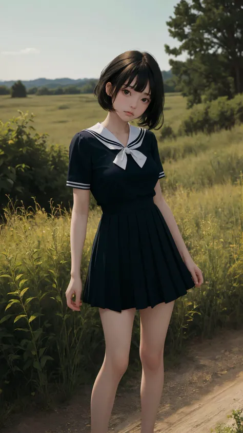 (masterpiece:1.2), (best quality:1.2), (absurdres:1.2), (looking at viewer), (shiny_skin:1.4),
cowboy shot, lady,
bare legs,
pixie cut, natural wavy, fringe, side bang,
outdoors, night, nature,
sailor collor,
short sleeves, black hair, black eyes,
sad face, medium breasts,
hair ribbon,
standing,