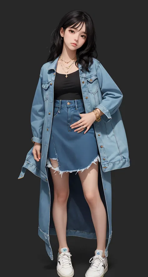 (masterpiece), (best quality), (looking at viewer), lady, (shiny_skin:1.4), (shiny_hair:1.4),
(simple background:1.5), upper body,
(black hair:1.1), (black eyes:1.1), (black theme:1.4),
sad,
bare legs,
(natural wavy:0.8),
(medium breasts),
night,
side bangs,
fringe,
Hair: long, wavy, and voluminous, Clothing: a floral maxi dress with a slit, paired with white sneakers and a denim jacket, Accessories: layered necklaces and bracelets, Location: Farmer's market or outdoor art festival,