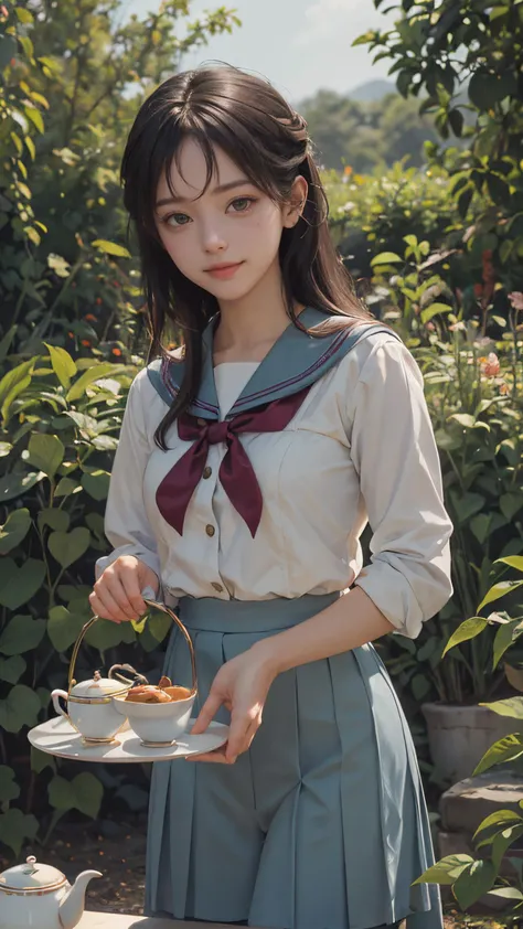 cinematic style,realistic,masterpiece,best quality,extremely detailed,absurdres resolution,High quality texture,Cinematic Lighting,stylish_pose,photograph,garden with Forest,clean,iridescent Silky Hair Ribbons,Bokeh,Rainbowpunk,waning light,Nikon Z9,F/8,pixiv,smile,sailor_senshi_uniform,afternoon tea,