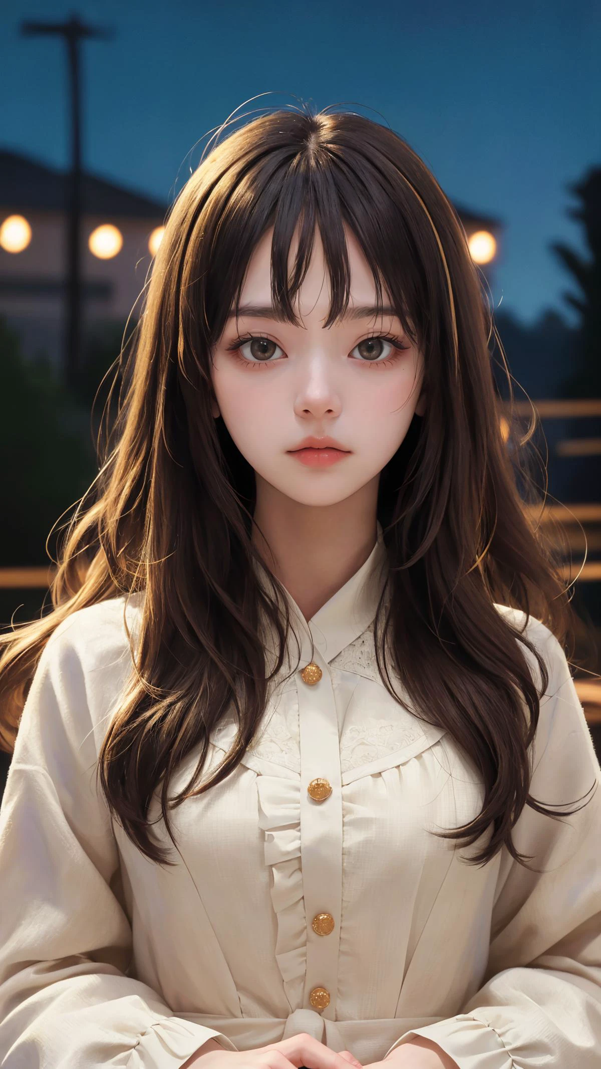 (masterpiece:1.4),(best quality:1.4),(absurdres:1.4),(looking at viewer),(intricate details:1.2), (extremely detailed:1.2),
outdoors,1girl,
bangs, natural wavy, very long hair,
night,
sad face,
upper body,