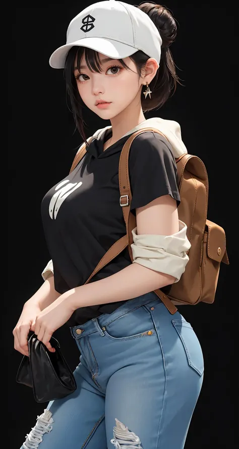 (masterpiece), (best quality), (looking at viewer), lady, (shiny_skin:1.4), (shiny_hair:1.4),
(simple background:1.5), upper body,
(black hair:1.1), (black eyes:1.1), (black theme:1.4),
sad,
legwear,
(natural wavy:0.8),
(medium breasts),
day,
side bangs,
fringe,
Clothing: oversized t-shirt or hoodie, ripped jeans or leggings, sneakers or combat boots, Accessories: beanie or baseball cap, backpack or crossbody bag, statement earrings, Hair: messy bun or ponytail, Makeup: minimal with bold lips, Behavior: laid-back, cool, independent, Location: city street, park, coffee shop,