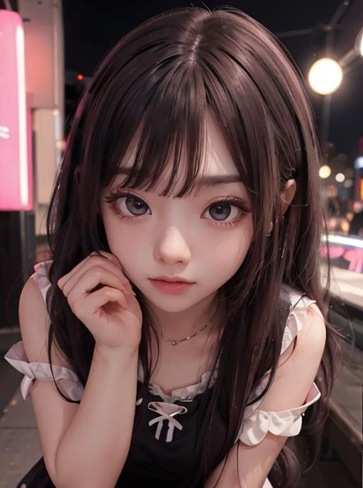 best quality, pale, blush, 1 girl, solo, (vampire:0.5), pink blush makeup, egirl_outfit, egirl_face, dark straight long hair, Double tail, filter,light brown eye, jk, jirai fashion, neon, absurdres <lora:jirai_v2:0.8> <lora:egirl:0.25> <lora:EC:0.5>