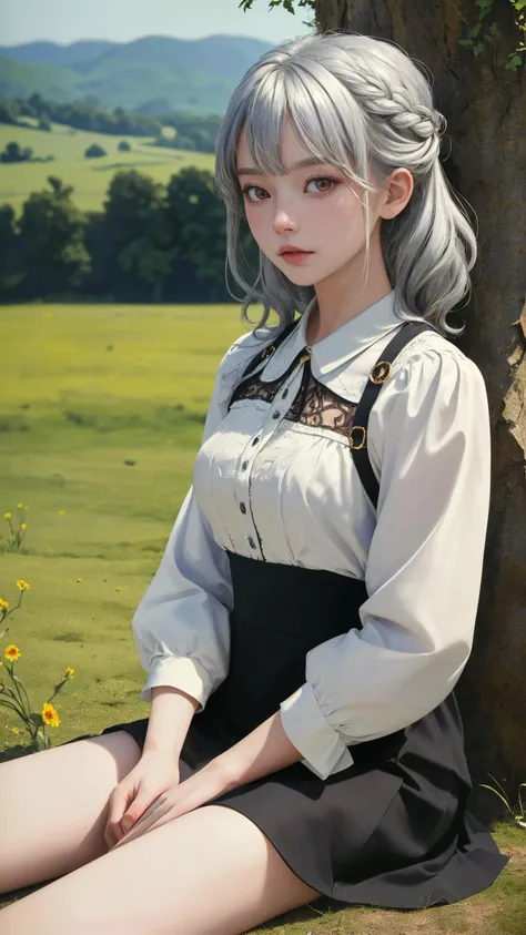 (masterpiece:1.4),(best quality:1.4),(absurdres:1.4),(looking at viewer),(intricate details:1.2), (extremely detailed:1.2), countryside,
outdoors, (shiny skin:1.2), 1girl, (cinematic lighting), (detailed background:1.2),
bangs, natural wavy, chignon,
day with sunlight,
curious face,
cowboy shot,
sitting,
bare legs,
clothes,
silver hair with red eyes,