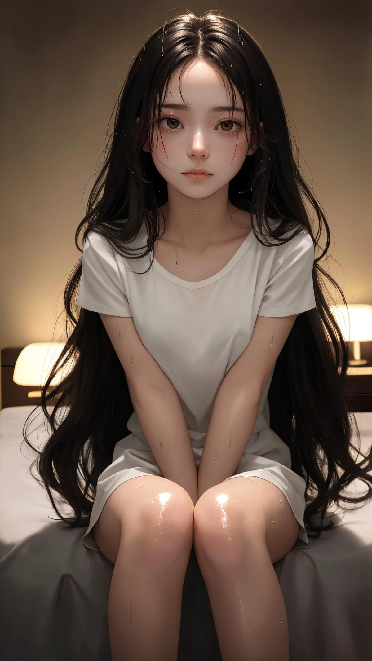 (best quality:1.4), (absurdres:1.4), (looking at viewer:1.2), (alive skin:1.2), (shiny skin:1.4), (very long hair), (lady), (cinematic:1.3), (very long hair), no bangs, (night:1.2), (pale skin:1.1), (darkness), (claassic),
tight medium shot, bare legs,
sitting on chiar, (cinematic lighting:1.2), small breasts,
curious face, (tight)_short sleeves,
two-tone hair, natural wavy,
wet clothes,
indoors, (colorful theme),