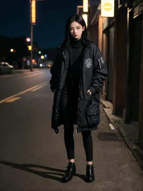 (masterpiece:1.4), (best quality:1.4), (absurdres), (detailed background), (looking at viewer), full body, (padded jacket), outdoors, town, (muffler), black jeans,
night, sleek, (alive skin), (black hair:0.7~1.0),