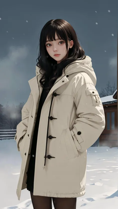 (masterpiece:1.4), (best quality:1.4), (absurdres:1.4), (intricate details:1.2), (extremely detailed:1.2), (character on center), (looking at viewer),
(horror), cowboy shot, outdoors, bangs, pantyhose, (curious face), (very long hair), (natural wavy),
winter, snow, (night), (cleavage:0.6), coat, fog, snowing,
dress,