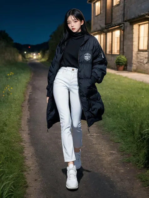 (masterpiece:1.4), (best quality:1.4), (absurdres), (detailed background), (looking at viewer), full body, (padded jacket), outdoors, countryside, (muffler), white jeans,
night, sleek, (alive skin), (black hair:0.7~1.0),