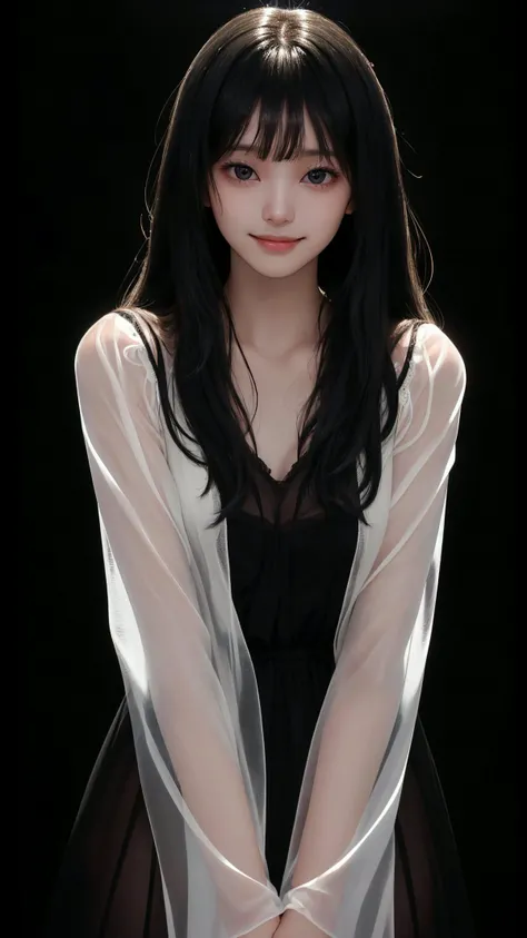(best quality:1.4), (absurdres:1.4), (looking at viewer:1.4), (cinematic lighting:1.2), (cinematic:1.2), (darkness), black hair, upper body, (black background:1.2), (negligee), (see-through sleeves), (black theme:1.4),
(very long hair), (bangs|fringe), (pale skin:1.2), (alive skin:1.2), (shiny skin:1.4), (girl|lady),
(natural wavy:0.8), smile,