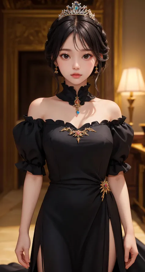 (masterpiece), (best quality), (looking at viewer:1.1), lady, (shiny skin:1.2),
indoors,
(natural wavy:0.8),
(medium breasts:0.8),
night,
Chignon, pantyhose,
black hair, (black eyes:1.2), fringe, (upper body), palace, (fantasy:1.2), (long dress:1.3), tiara, (princess:1.2), frills, depth of field, cinematic,