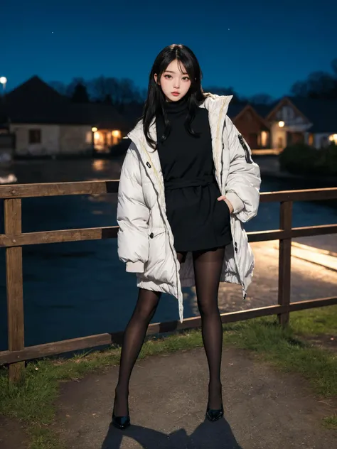 (masterpiece:1.4), (best quality:1.4), (absurdres), (detailed background), (looking at viewer), full body, (padded jacket), outdoors, town, (muffler), pantyhose,
night, sleek, (alive skin), (black hair:0.7~1.0),