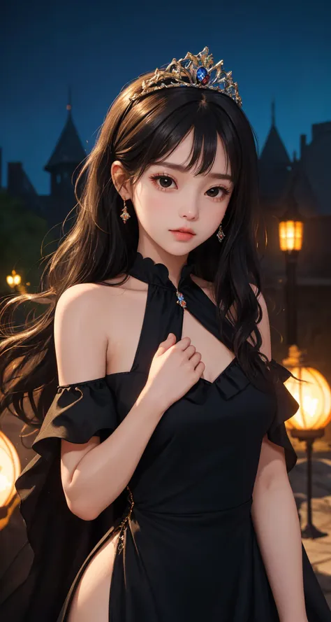 (masterpiece), (best quality), looking at viewer, lady, (shiny skin:1.2),
outdoors,
(natural wavy:0.8),
(medium breasts:0.8),
night,
Chignon, bare_legs,
black hair, (black eyes:1.2), fringe, (upper body), palace, (fantasy:1.2), (long dress:1.3), tiara, (princess:1.2), frills, depth of field, cinematic,