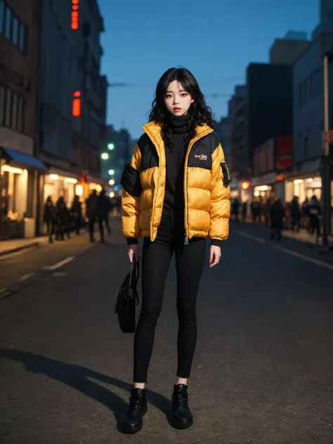 (masterpiece:1.4), (best quality:1.4), (absurdres), (detailed background), (looking at viewer), full body, (padded jacket), outdoors, city, (muffler), black jeans,
night, (natural wavy:0.4~1.2), (alive skin), (black hair:0.7~1.0),
