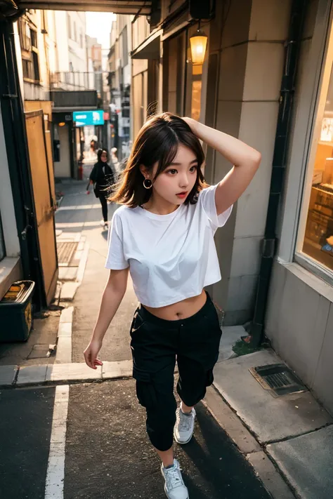 (best quality, high quality:1.4), 8k, beautiful lighting, dynamic shadow, 35mm photo, portrait photo, from above, girl, crop top, cargo pants, sneakers, hoop earrings, brown hair, 