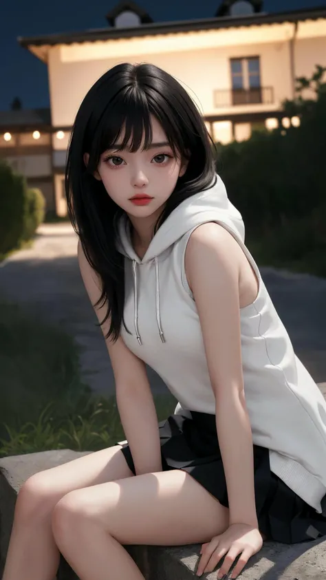 (masterpiece:1.2), (best quality:1.2), (absurdres:1.2), (looking at viewer:1.2), (shiny_skin:1.4),
cowboy shot, lady,
bare legs,
long hair, sleek, fringe, side bang,
outdoors, night, town,
hoodie with skirt,
sleeveless, black hair, black eyes,
peaceful face, medium breasts,
frills,
sitting,
lipstick,