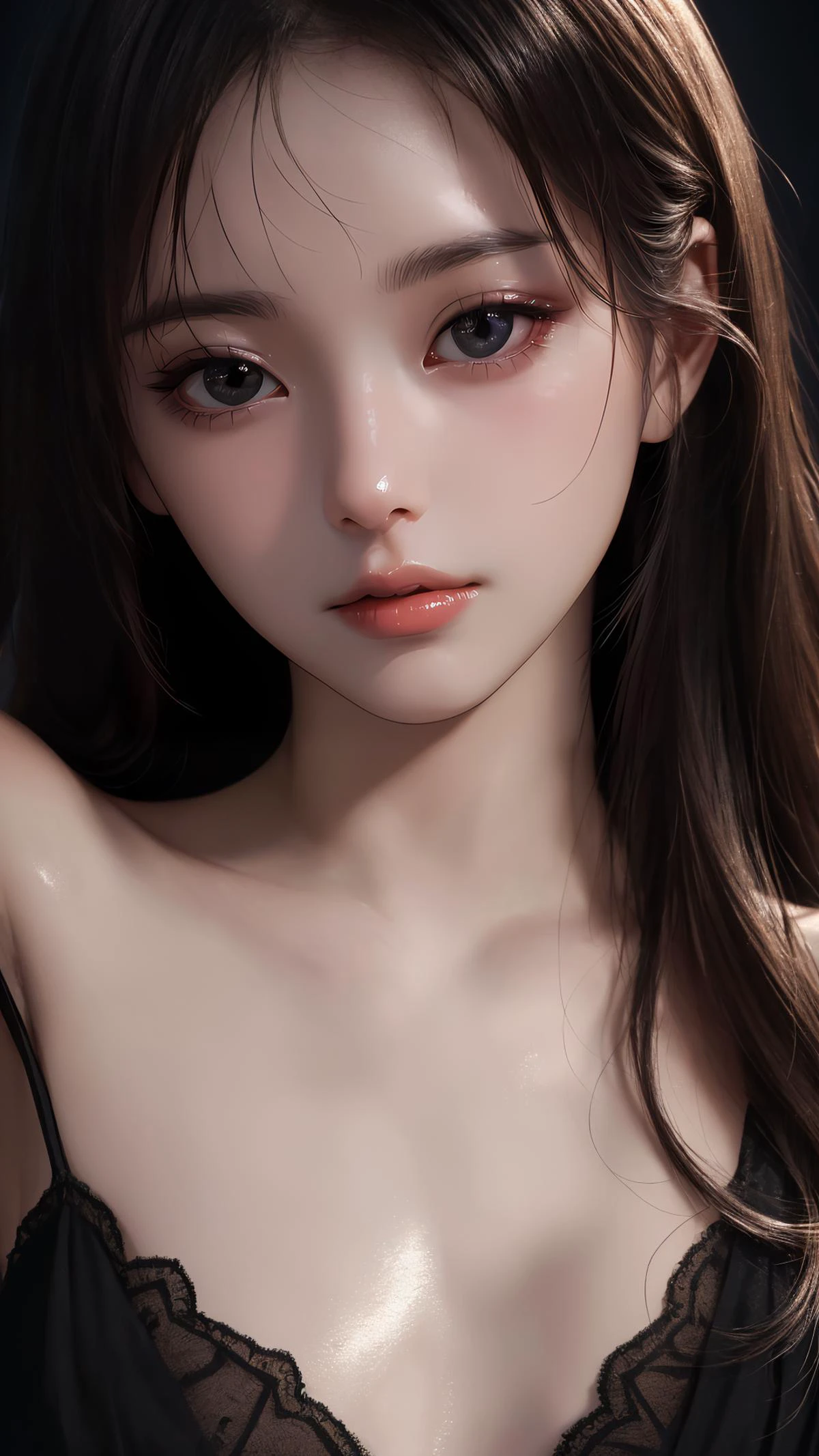 (best quality:1.4), (absurdres:1.4), (looking at viewer:1.2), (cinematic lighting), (cinematic), (darkness),
(very long hair), (pale skin:1.1), (alive skin:1.2), (shiny skin:1.4), (lady), (close up:1.3), (bangs:1.1),
sleek, curious face,
(black theme),