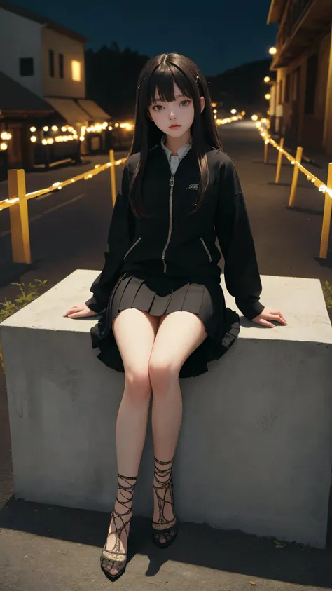 (masterpiece:1.4),(best quality:1.4),(absurdres:1.4),(looking at viewer),(intricate details:1.2), (extremely detailed:1.2), ((full body)), (character on center),
outdoors, 1girl, bangs, sleek, long hair, night, peaceful face,  town,
zip-up with flat skirt,
stocking, autumn,sitting,
cinematic, cinematic lighting,
heel,