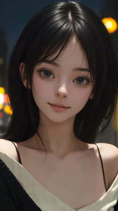 (masterpiece:1.4), (best quality:1.4), (absurdres:1.4), (intricate details:1.2), (extremely detailed:1.2), (depth of field:1.4), (cinematic:1.4), (cinematic lighting:1.1), (looking at viewer:1.1), black theme,
(alive skin), off shoulder, peaceful, v-neck, (black cardigan),
(close up:1.1), city, (girl), bangs, long hair, sleek, (happy face), dark eyes, night,