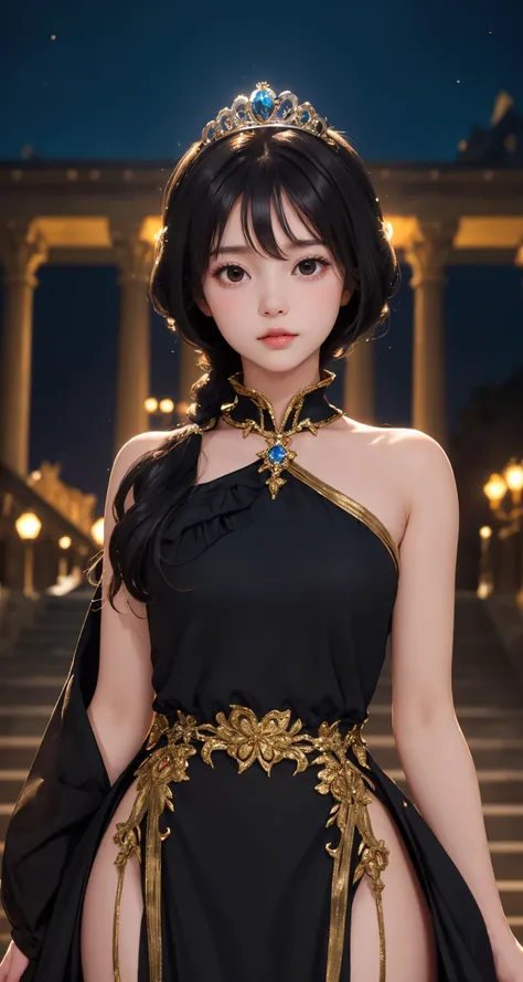 (masterpiece), (best quality), looking at viewer, lady, (shiny skin:1.2),
outdoors,
(natural wavy:0.8),
(medium breasts:0.8),
night,
Chignon, thighhighs,
black hair, (black eyes:1.2), fringe, (upper body), palace, (fantasy:1.2), (long dress:1.3), tiara, (princess:1.2), frills, depth of field, cinematic,