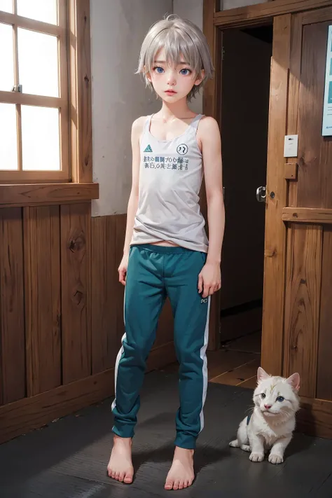 masterpiece, best quality, highly detailed, , , , , 1boy, <lora:SaikaTotsuka:0.7>saika, cute boy, petite, flat chest, young boy, grey hair, , hair between eyes, blue eyes, detailed eyes, afraid, tank top, sports pants, , , , , , full body, , , , ,