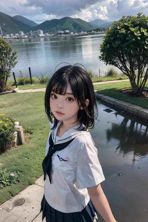 fringe, (lady:1.1), (reflection:1), (silhouette:1), (After the rain), (wet clothes), (cloudy day), puddle
black hair, dark eyes
(masterpiece), (best quality)
bare legs
(side bangs:1.5)
<lora:nakashimayuki_lora:0.75> 1girl
(healthy complexion:1.5), standing
flat chest, school uniform, short skirt, seifuku, short hair, loafer
<lora:GoodHands-vanilla:0.8>,  school_shoe, brown leather shoes, serafuku, (:3:1), white shirt, (black knee socks), Lips slightly open, arms behind back, upper body, from above