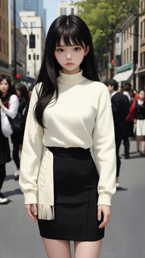 (masterpiece:1.2), (best quality:1.2), (absurdres:1.2), (looking at viewer), (shiny skin),
upper body, lady,
bare legs,
long hair, sleek, fringe, side bang,
outdoors, day, city,
pencil skirt,
long sleeves, black hair, black eyes,
sad face, medium breasts,