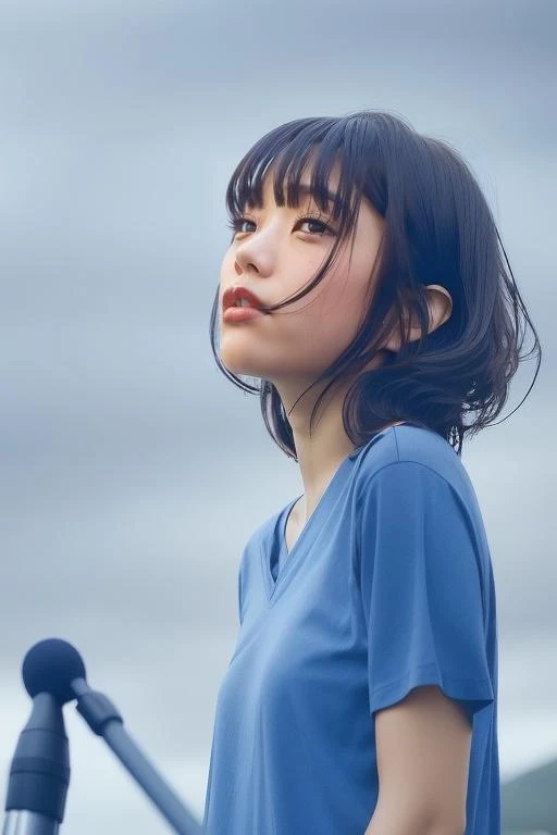 1girl,solo,masterpiece,best quality,((photo realistic)),detailed face,(upper body:1.6),(looking at viewer:1.5),((front face)),head tilt,
<lora:aina_v1rw>,aina,((straight hair)),bangs,(mole:0.6),((flat background)),(((over sized one piece blue dress))),(big sized v-neck blue t-shirt dress),(blue clothes:1.3),((microphone stand)),(((gray sky))),(from below:1.1),(cool toned cinematic film:2),midium hair,disheveled hair,outdoors,((flat chest)),(soft focus:1.4),shunji iwai film,(film grain:1.4),(foggy:1.2),<lora:filmgrain:0.4>,filmgrain,