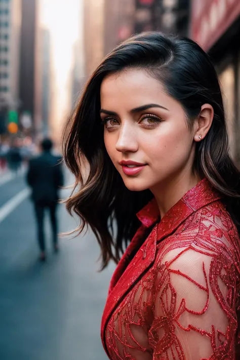 AnaDA_SoloTI_v1,
(In a sleek, red and blue spider-themed suit with intricate web patterns and expressive eye lenses, radiating youthful energy and agility), (Amidst the bustling streets of Queens, where towering buildings and busy sidewalks create a symphony of urban life and opportunity, a sense of youthful exuberance and heroism fills the lively air:1.3), (optimistic:1.3), (bright, vibrant colors, dynamic cityscape, action shot:1.3),
epiCPhoto, PA7_Portrait-MCU,