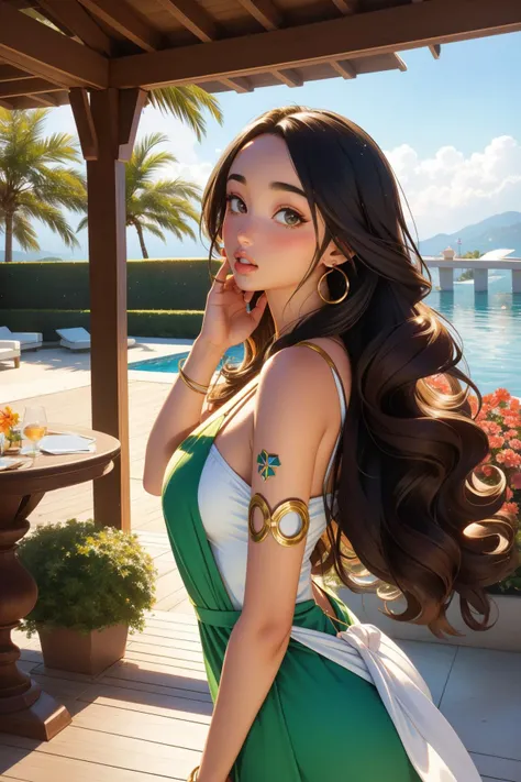Tower13_Savanna, awardwinning Concept art, [Swiss|Elvish] flora and water, fairy tale, low angle shot of a Glowing Murano portly traditional Sami (Female Gardener:1.3) , majestic, the Gardener has Balayage hair, curly hair, Homely Spa in background, at Golden hour, tilt shift, Amusing, Gutai Group, Motion blur, F/1.8, Calotype, Floral motives, expressive brush strokes, elegant Hazel eyes, realistic good-looking face, arthouse, 64K