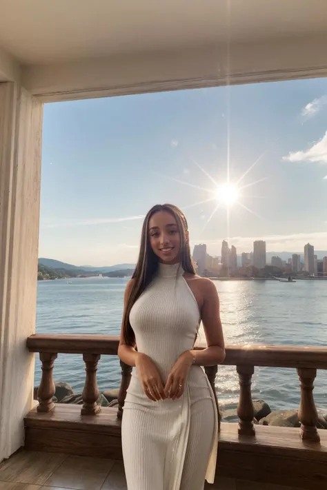 (Cinematic Shot:1.3) Tower13_Savanna (skinny, slim, slender, narrow waist:1.3) ((Photo Focus, DOF, Aperture, insanely detailed and intricate, character, hypermaximalist, hyper realistic, super detailed, (lens flare))) (A Sweet white Summer Dress:1.3) (Standing in front of the Hudson River:1.3) (smile:1.3) <lora:exposure_control_v10:-0.2> <lora:more_details:0.3>