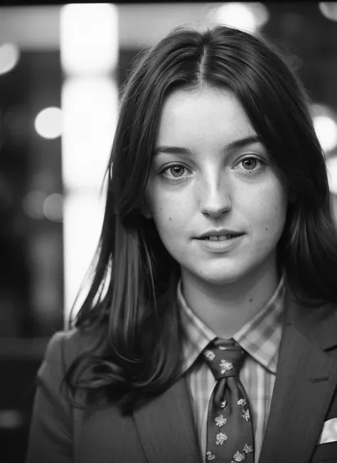candid RAW close up portrait photo of sks woman in a (purple colored suit:1.0) on a dark street with shopping windows (at night:1.2), bokeh, Ilford Delta 3200 film, dof, high definition, detailed, intricate, flashlight, <lora:locon_bellaramsey_v1_from_v1_64_32:1>