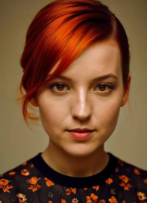 portrait of sks woman by Flora Borsi, style by Flora Borsi, bold, bright colours, orange Mohawk haircut, ((Flora Borsi)), <lora:locon_bellaramsey_v1_from_v1_64_32:1>