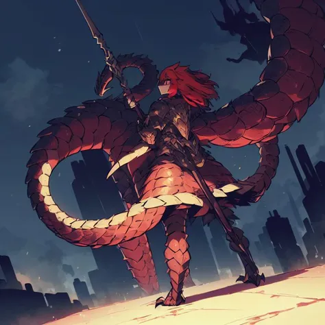 masterpiece, ssambatea, 1girl, huge monster,dragon with red eyes, scales, (shadow),<lora:Ssambatea-46:1>,red hair, very long hair, from behind, armored dress, holding spear, spear, standing, night, dark