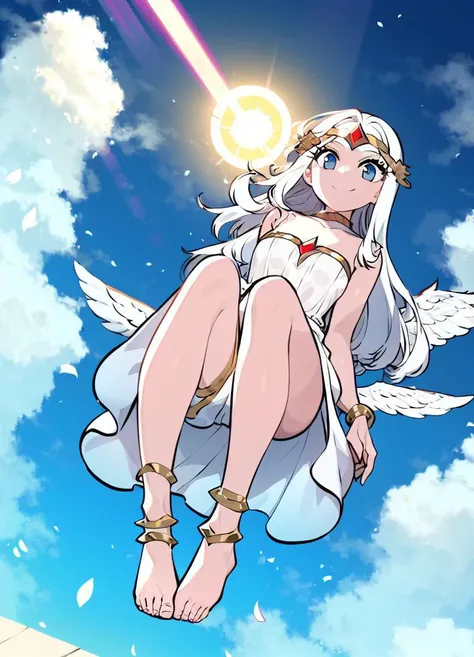 flying,masterpiece, ssambatea, 1girl, <lora:Ssambatea-46:1>,full body, (angel wings:1.2),angel, white dress, long dress, gold, anklet, bare feet, very long hair, white hair, floating hair, circlet, sun, lens flare, clouds, blue sky, from below, reaching out, looking at viewer, smile, side slit