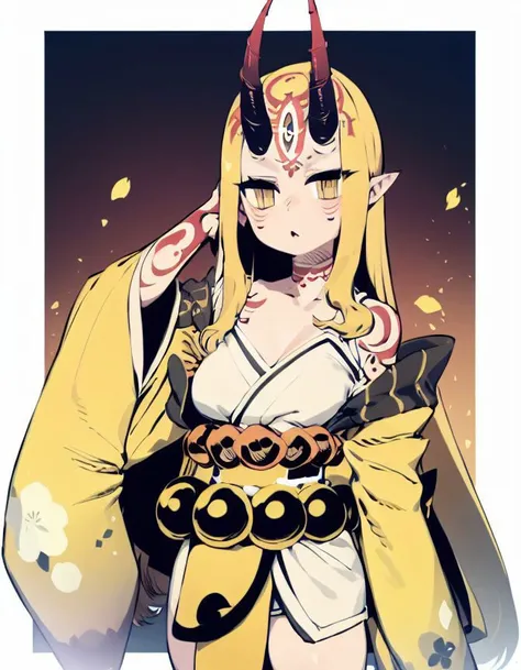 masterpiece, ssambatea, 1girl, solo,<lora:Ssambatea-46:1>,ibaraki_douji <lora:ibaraki_douji-30:1>, yellow kimono,cleavage, very long hair, japanese clothes, wide sleeves, off shoulder, floral print, beads, sash