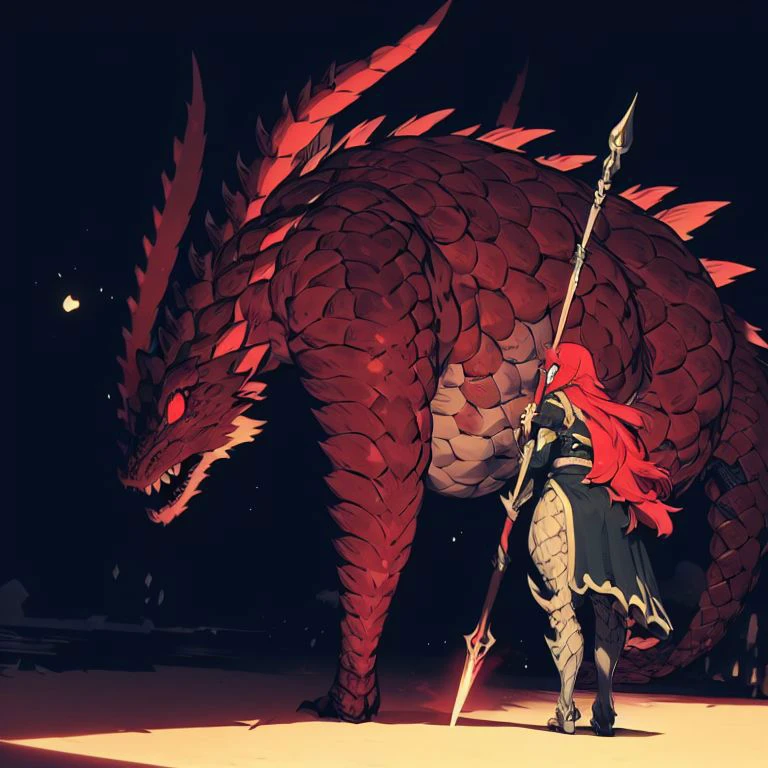 masterpiece, ssambatea, 1girl, huge monster,dragon with red eyes, scales, (shadow),<lora:Ssambatea-46:1>,red hair, very long hair, from behind, armored dress, holding spear, spear, standing, night, dark