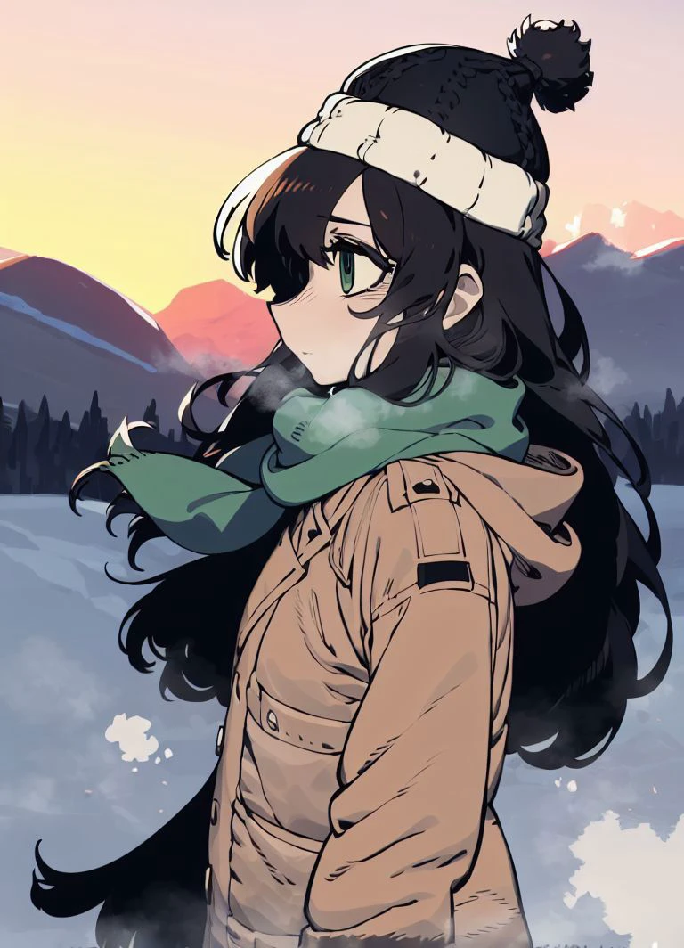 masterpiece, ssambatea, 1girl, solo,<lora:Ssambatea-46:1>, bobblehat, scarf, winter jacket, winter clothes, cowboy shot, from side, black hair, very long hair, green eyes, floating hair,gloves, winter, mountain, sunset, heavy breathing, steam, detailed shadows