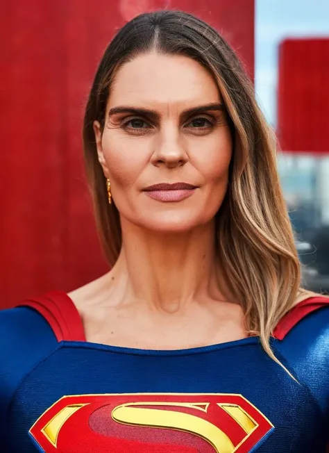detailed face, portrait of a woman in Supergirl suit, city skylines, hair bangs, bold, bright colours, by Bill Gekas, (high detailed skin:1.1) <lora:ragnheiður_ragnarsdóttir_lora_v01:1> ragga