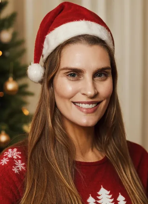 detailed face, portrait of a woman in red ugly sweater, Santa hat, cozy room, Christmas, sweet smile, bold, bright colours, by Bill Gekas, (high detailed skin:1.1) <lora:ragnheiður_ragnarsdóttir_lora_v01:1> ragga