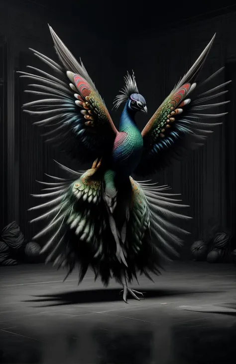 <lora:BatmanCore:1> BatmanCore, a colorful peacock displaying its vibrant feathers in a courtship dance, (Masterpiece:1.3) (best quality:1.2) (high quality:1.1)