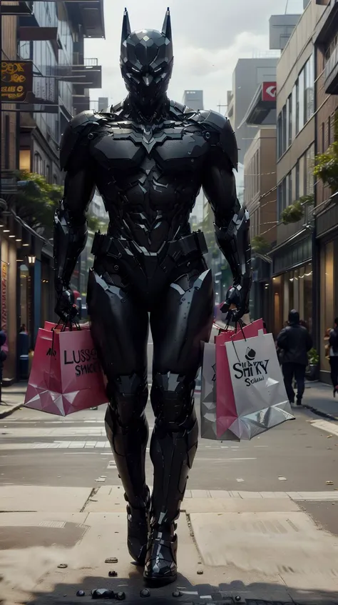 plastic, shiny, (reflective:0.6), <lora:BatmanCore:0.9> BatmanCore a bustling shopping district with lively shops and street performers, black, <lora:BarbieCore:0.9> BarbieCore a bustling shopping district with lively shops and street performers, pink, colorful, saturated, (Masterpiece:1.3) (best quality:1.2) (high quality:1.1)