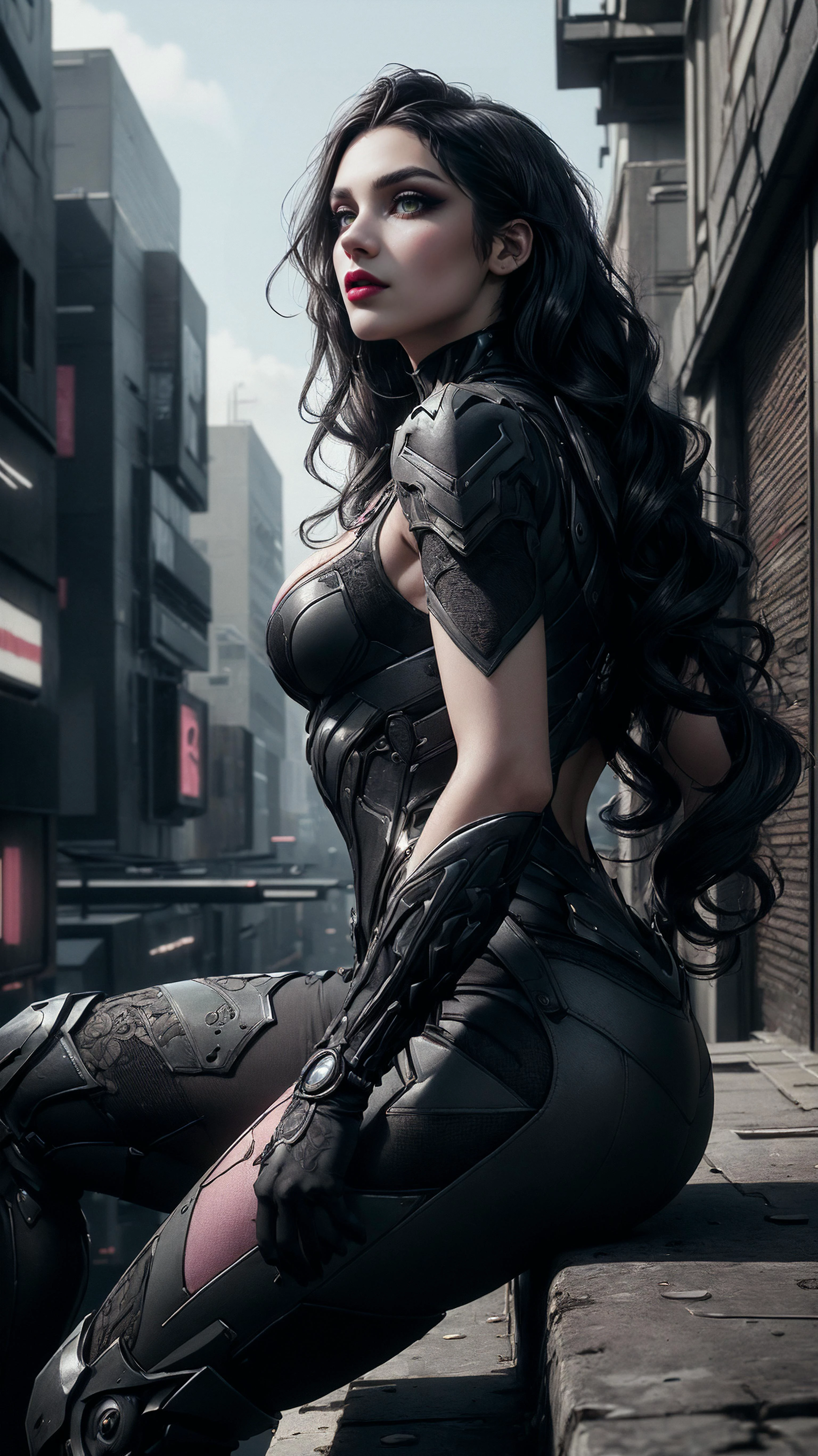 Techwear fashion (masterpiece,High quality,best quality:1.4), sharp focus, (intricate, detailed:1.3), (Cinematic lighting), (detailed scenery, epic scenery), (official style, official art, official wallpaper,), (everything Detailed), <lora:more_details:0.2>, <lora:add_detail:0.2>, <lora:detail_slider_v4:0.2>, <lora:BatmanCore:0.5>, batmancore, (beautiful:1.2), (white skin), young 25 years old, green eyes, (monolid eyes, arched eyebrows, eyelash, eye contour, eyeshadow:1.2), (thin lips, pink lipstick), (makeup), 157cm tall, (wavy hair), (long hair, black hair:1.4), armor, dynamic pose, cleavage, sitting, . Futuristic, cyberpunk, urban, tactical, sleek, dark, highly detailed