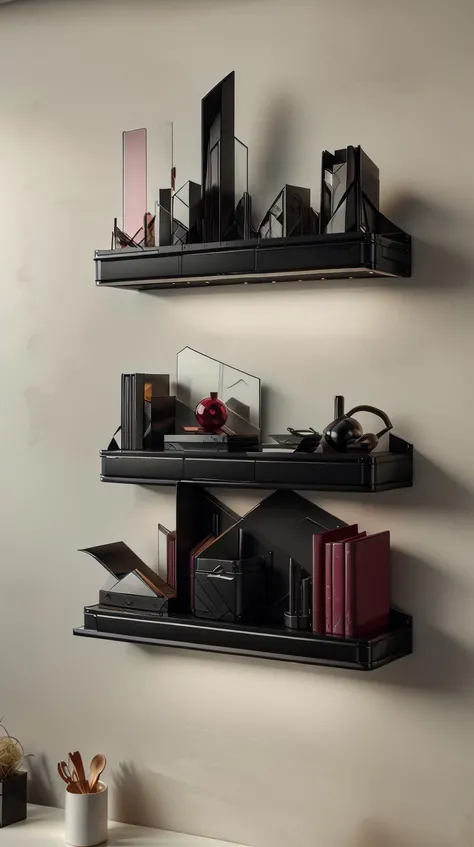 plastic, shiny, (reflective:0.6), <lora:BatmanCore:0.9> BatmanCore minimalist metal wall shelves, black, <lora:BarbieCore:0.9> BarbieCore minimalist metal wall shelves, pink, colorful, saturated, (Masterpiece:1.3) (best quality:1.2) (high quality:1.1)