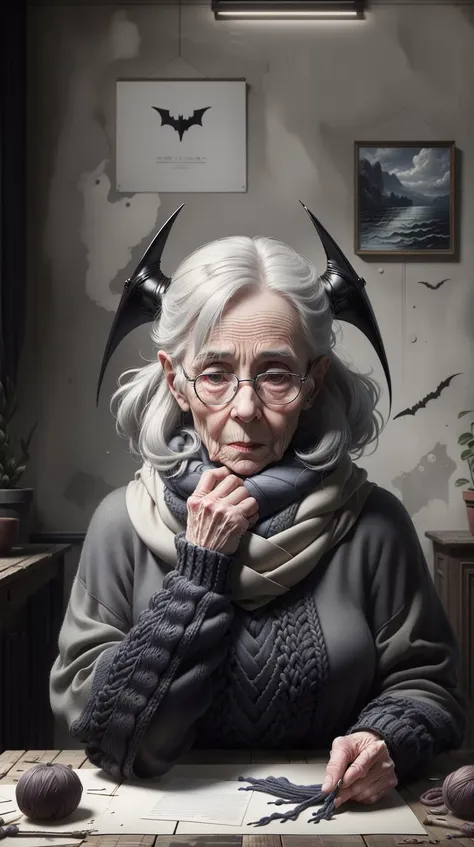 <lora:BatmanCore:1> BatmanCore an elderly, pale-skinned woman with grey hair knitting a scarf, (Masterpiece:1.3) (best quality:1.2) (high quality:1.1)