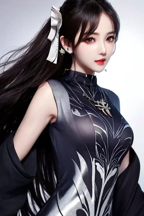 1girl, (upper body:1.3), hair ornament, necklace, jewelry, long hair, earrings, highres, hair ribbon,(Beautiful face:1.2),detailed beautiful eyes,, skinny body,shiny skin,Slim waist,(8k_wallpaper), Intricate and refined delicate details, ,toned abs, <lora:spiderManTights_v15:0.6>